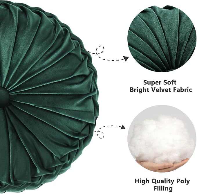HIG Set of 2 Emerald Velvet Decorative Round Pleated Throw Pillows | Vintage - Image 2