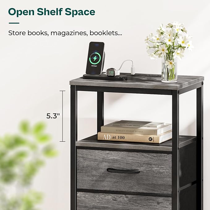 Huuger Nightstand with Charging Station, 27.6 Inch End Table Bedside Table with - Image 7