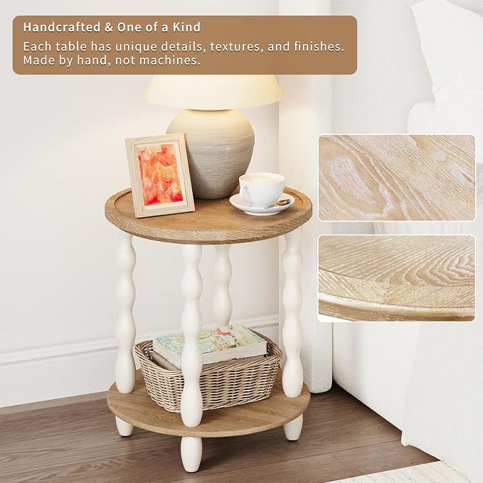 Round End Table, 2-Tier Farmhouse End Table, 18.5'' Handcrafted Weathered Look - Image 8