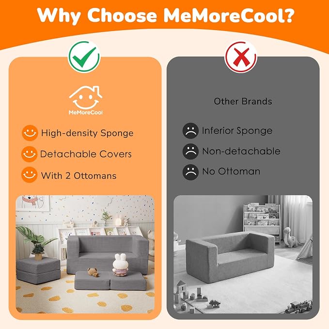 MeMoreCool Modular Kids Couch – Light Grey Foam Play Sofa Bed Convertible - Image 7