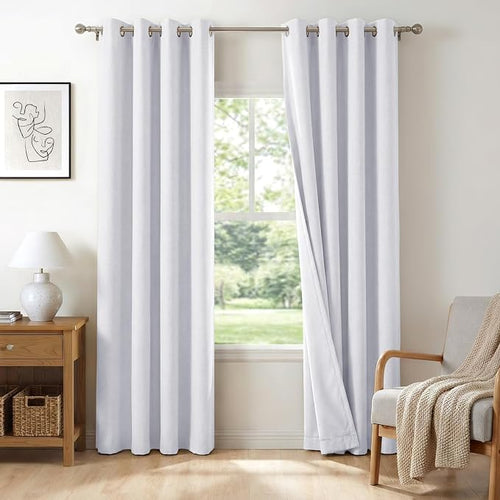 100% Blackout Linen Textured Curtains 63 Inch Long, Bright White | 100% by 100BlackoutShield