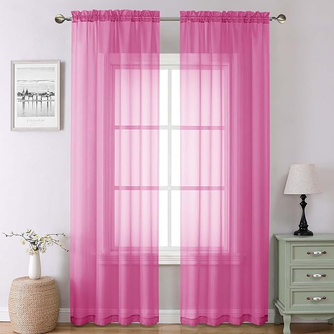 Hot Pink Sheer Curtains 90 Inches Long 2 Panels, Solid Voile Privacy Window by Lecloud