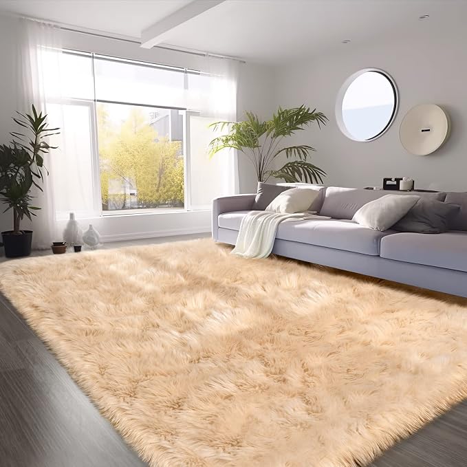 SERISSA 6x9 Fluffy Beige Faux Fur Area Rug by SERISSAHomeDecorCollection