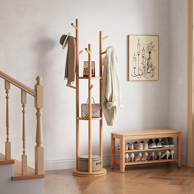 Muwuele Solid Wood Rotary Coat Rack, Freestanding Coat Rack - Image 8