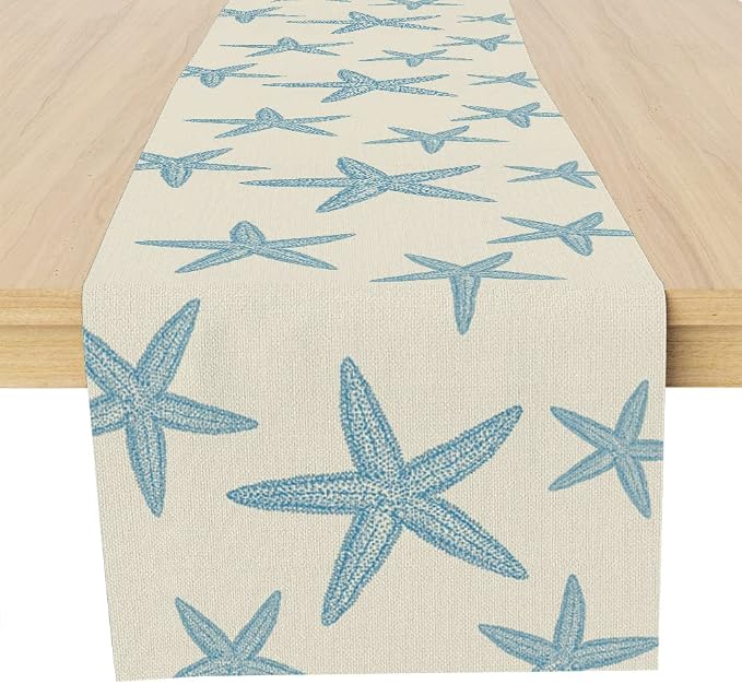 Blue Starfish Table Runner, Nautical Beach Table Runner Decor by Muktoujaumai