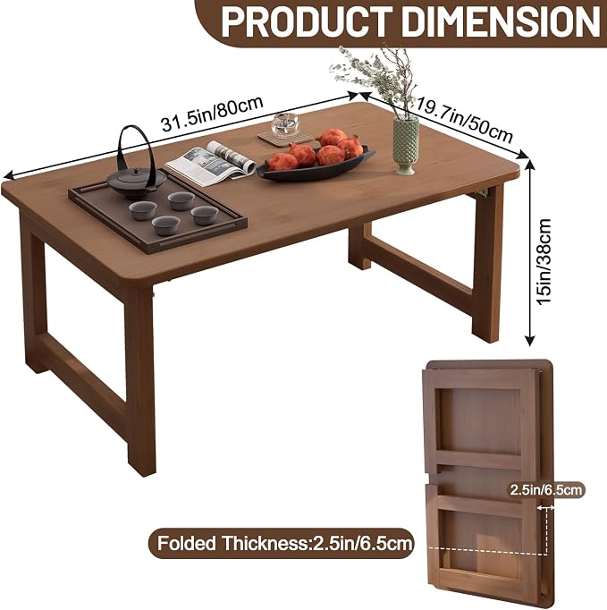 Japanese Floor Table, Bamboo Folding Coffee Table, Portable Solid Wood Japanese - Image 3