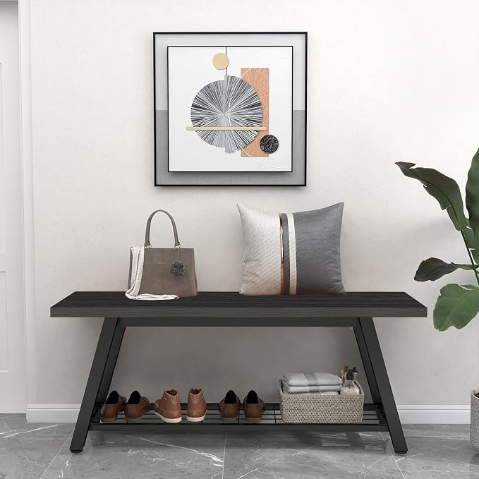 Oastreeful Industrial Entryway Bench Rustic Wood and Metal Storage Bench - Image 6