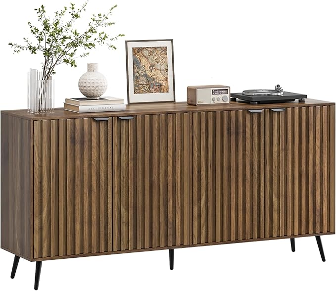 Smuxee 63" Fluted Sideboard Cabinet, Freestanding Walnut Buffet Cabinet - Image 8
