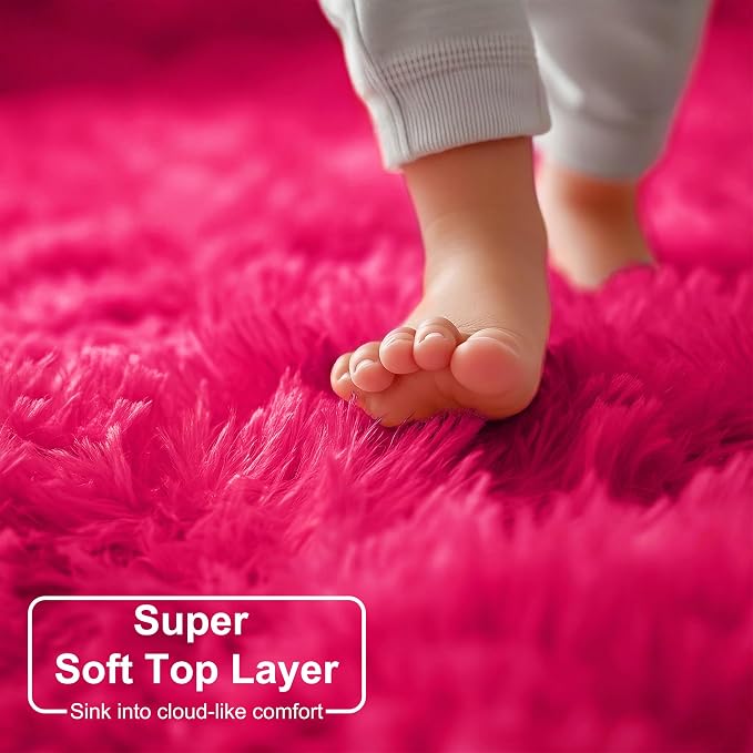 Amdrebio Hot Pink Fluffy Round Rug 4Ft - Image 4