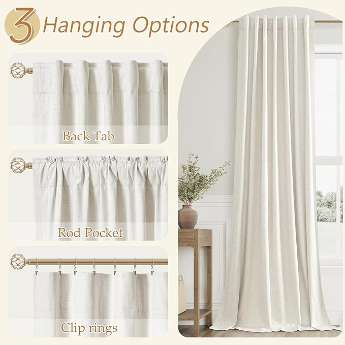 100% Blackout Linen Curtains for Bedroom 82 Inches Long Natural Cream Black Out - Image 6