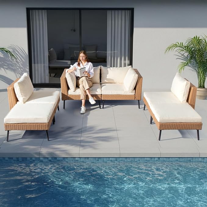 VINGLI 6-Piece Patio Furniture Set, All-Weather Wicker Outdoor Sectional Sofa - Image 9