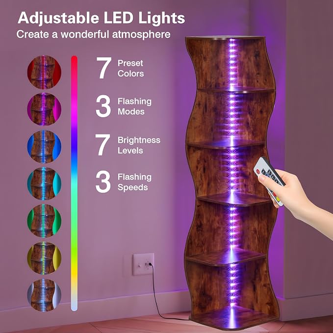 VECELO Wavy Corner Shelf with LED Light, Decorative 6-Tier Corner Display - Image 4