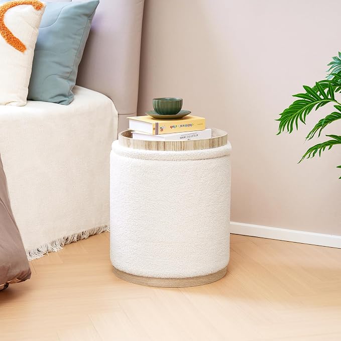 PINPLUS Round Ottoman with Storage Set of 2, Vanity Stool with Tray Storage - Image 9