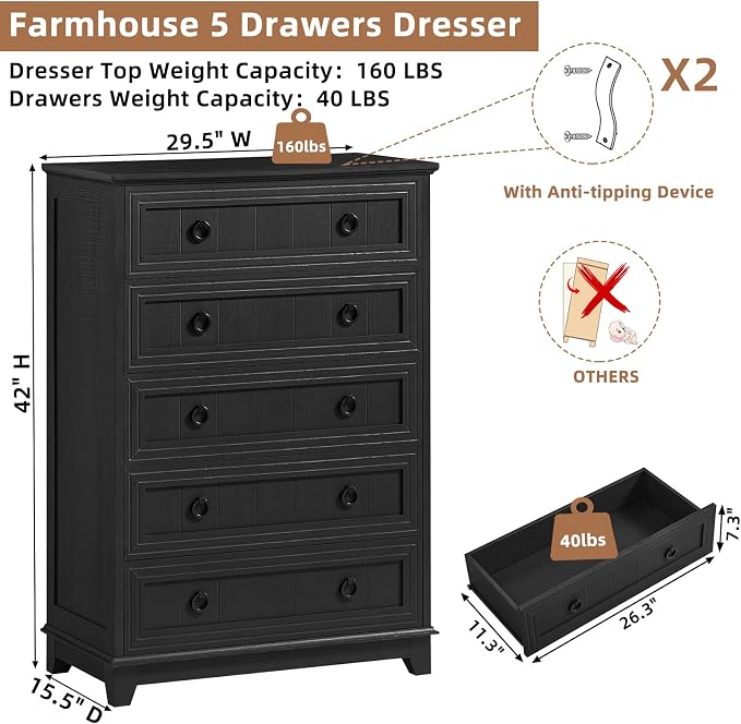 Joaxswe Farmhouse 5 Drawer Dresser - Image 2