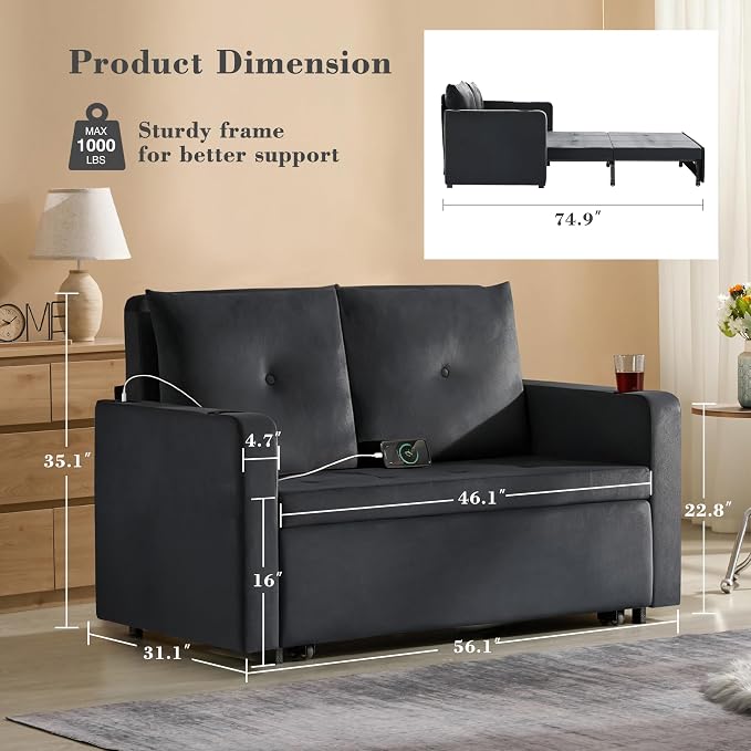 Krcix 3 in 1 Pull Out Couch, 56 Inch Velvet Sofa Bed, Convertible Sleeper Sofa - Image 2