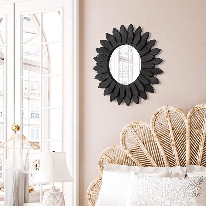 Emfogo Wall Mirror 12 inch Rustic Wood Sunburst Boho Mirror Farmhouse Wall - Image 2