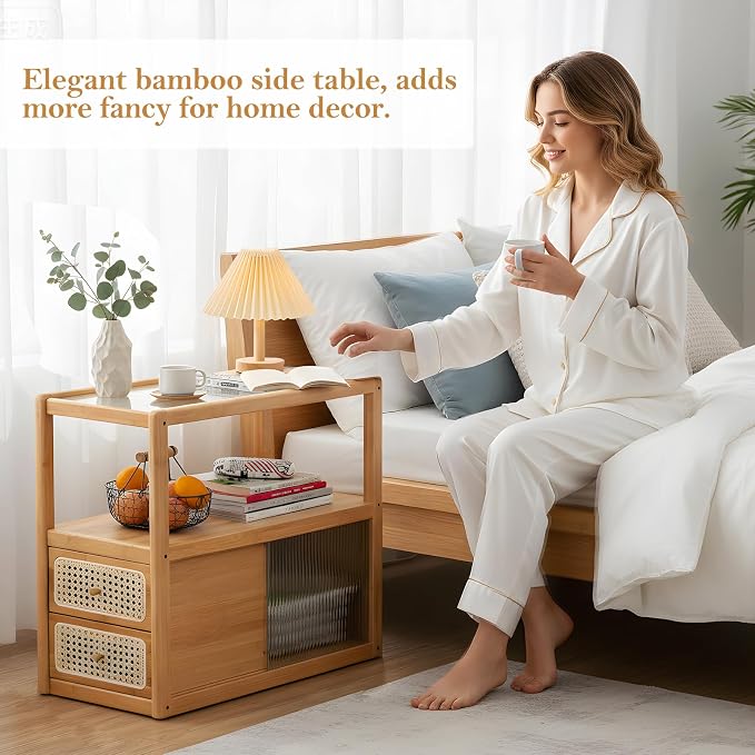Tiita Rattan Nightstand Side Table, Bamboo Accent Bedside Tables, Glass Coffee - Image 5