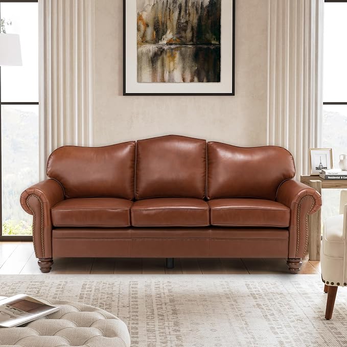 81" Genuine Leather Sofa, Classic 3-Seater Couchs by Thesupportyouneed