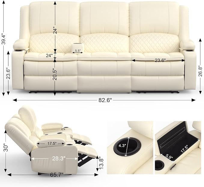 Yolsali 3-Seater Recliner Sofa, Manual Reclining Couch - Image 2