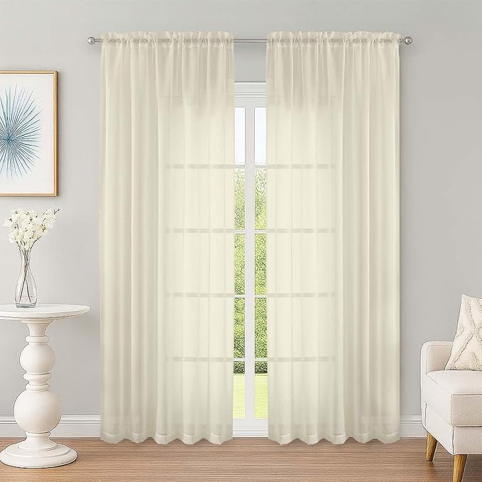 Sheer Curtains 84 Inches Long 2 Panels Set, Sheer Cream Curtains by OWENIE