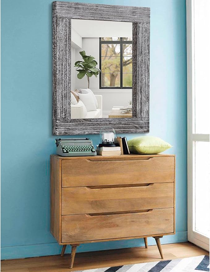 Wall Mirror Rustic Wooden Frame Rectangle Mirror Vintage Hanging Mirror - Image 4