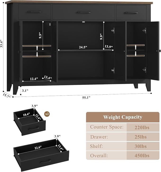 HORSTORS 55" Buffet Cabinet, Modern Farmhouse Sideboard Buffet - Image 3