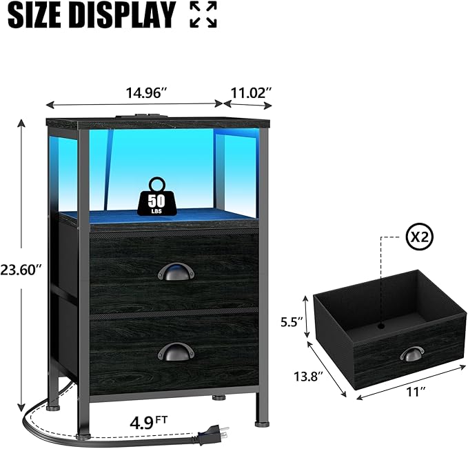 Furologee Nightstands with Charging Station, End Table with LED Lights - Image 3