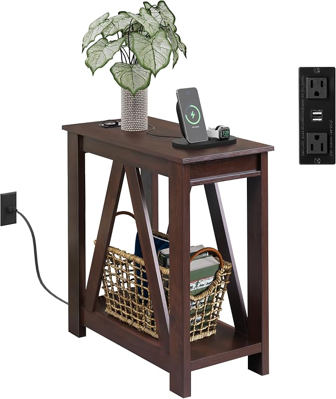 WLIVE Narrow End Table with Charging Station of Open Storage Shelf，Sofa Side by WLIVE