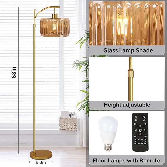 QIYIZM Glass Floor Lamp for Living Room, Mid Century Modern Brass Tall Lamp - Image 5