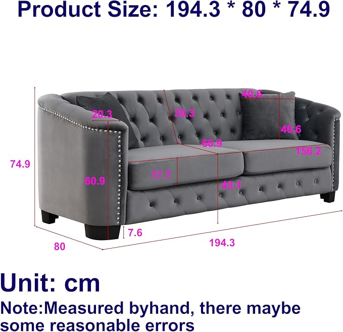 2 Piece Modern Chesterfield Velvet 77" 3-Seater Sofa Set, Upholstered Tufted - Image 2