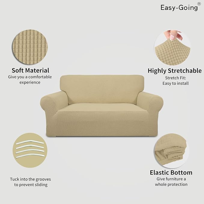 Easy-Going Stretch Loveseat Couch Covers Washable Beige | 1-Piece Loveseat - Image 3