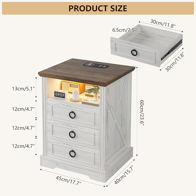 Nightstand with Charging Station, Farmhouse End Side Table with 3 Drawers and - Image 2