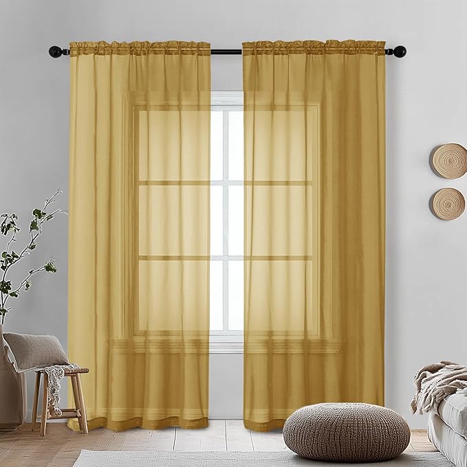 Gold Sheer Curtains 72 Inches Long 2 Panels by OVZME