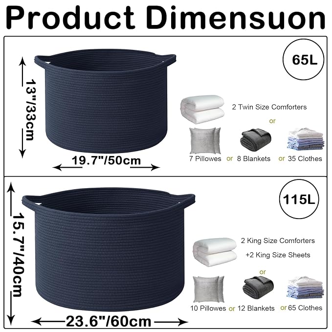65L Large Blanket Basket, Woven Rope Laundry Basket Hamper - Image 2
