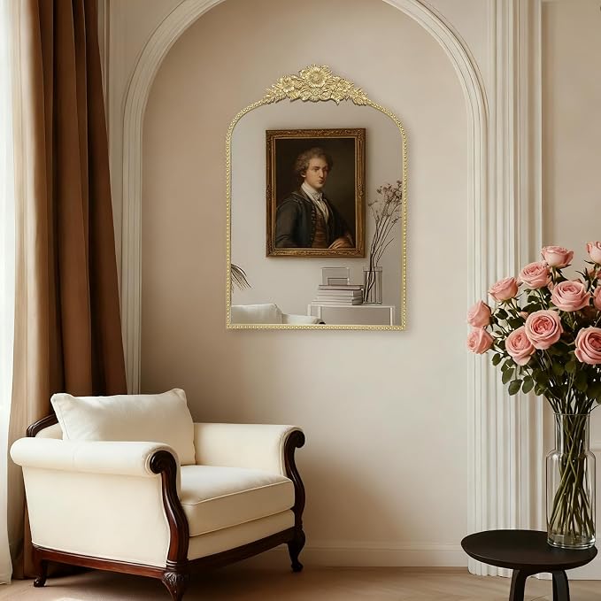Arch Antique Gold Mirror, 24x36inch Baroque Style Vintage Metal Frame Wall - Image 6