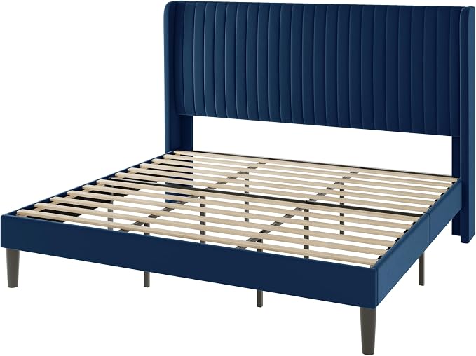 Allewie King Size Velvet Bed Frame/Vertical Channel Tufted Wingback - Image 9