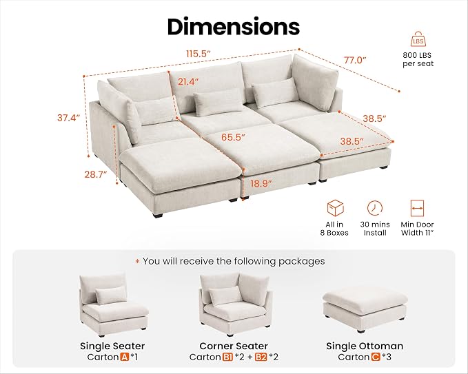115" Oversized Chenille Couch Modular Sectional Sofa, Washable Cloud Couch - Image 2