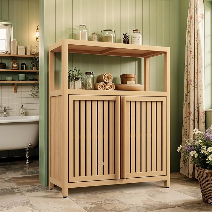 Bamboo Storage Cabinet Bathroom Floor Cabinet Side Storage Organizer Cabinet - Image 8