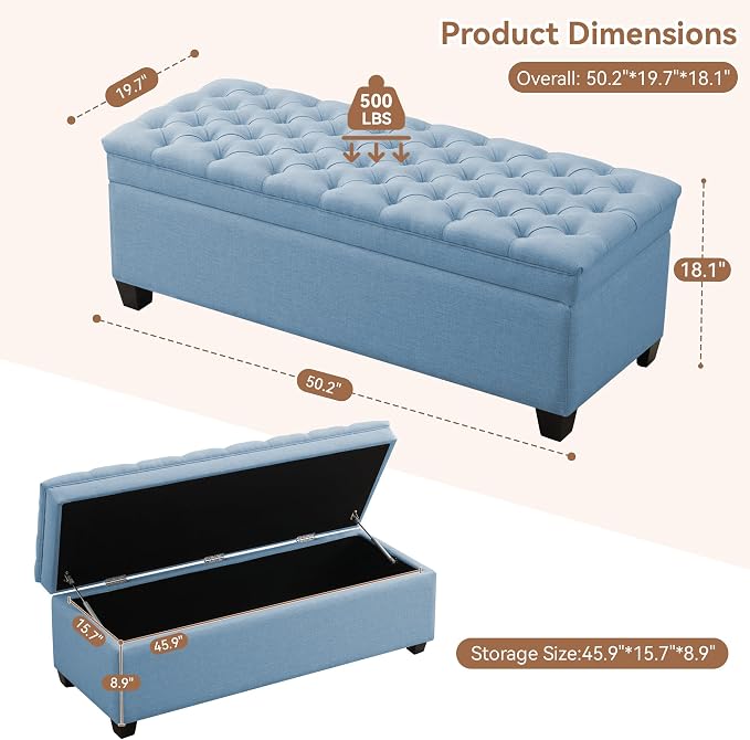 WUTUTUEE 51" Fabric Storage Ottoman Bench, Upholstered Rectangle End of Bed - Image 2