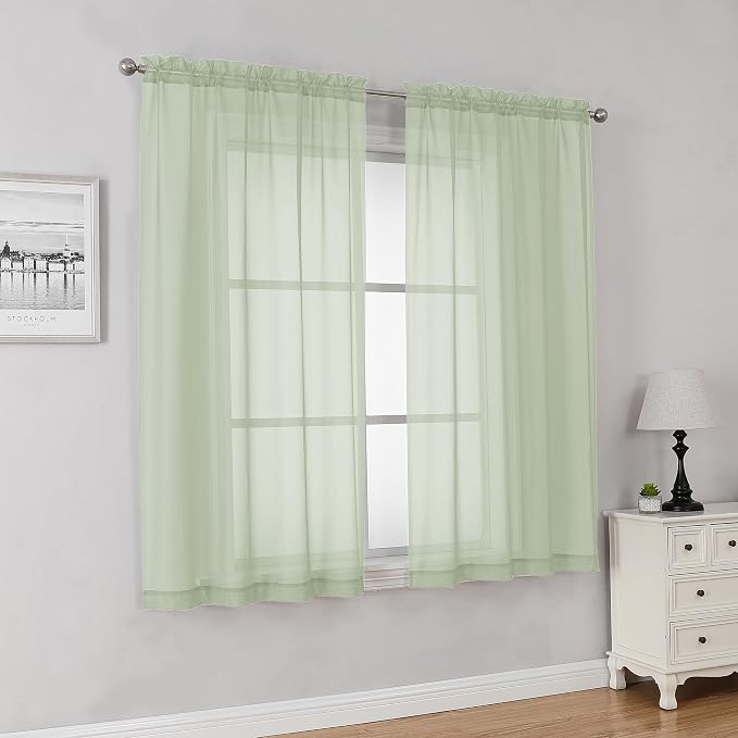Light Green Sheer Curtains 63 Inch Length 2 Panels Set, Elegant Voile Curtains - Image 8