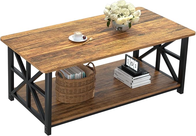 GreenForest Coffee Table with Round Corner, Farmhouse Center Table with 2-Tier by GreenForest