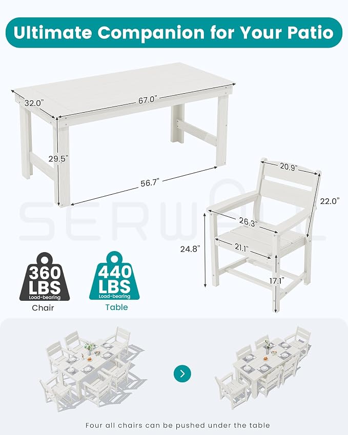 SERWALL Outdoor Dining Table Set, 67‘’ HDPE Patio Dining Set - Image 2