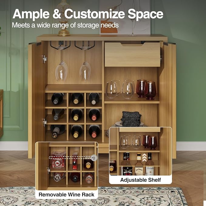 Fluted Coffee Bar Cabinet with Storage, Modern Sideboard Buffet Cabinet with - Image 7
