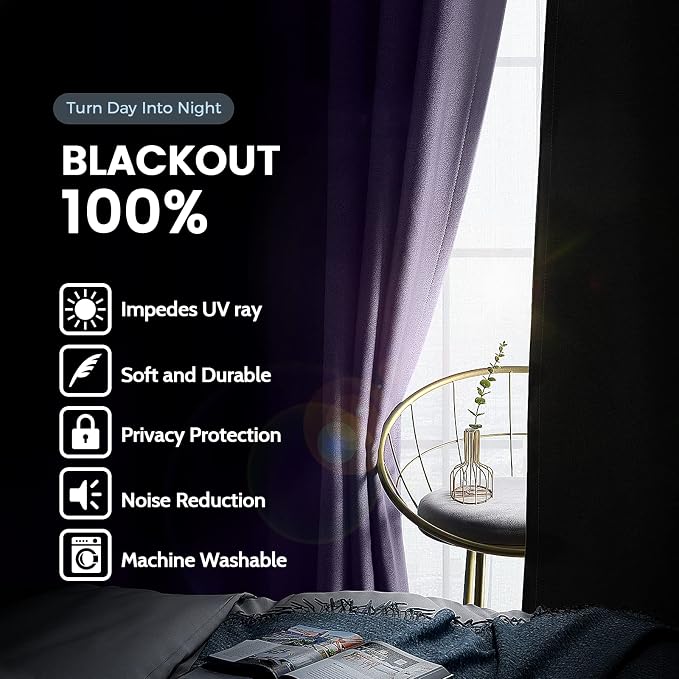 SimpleHome Lilac 100% Blackout Curtains Room Darkening Living Room 96 Inch | - Image 3