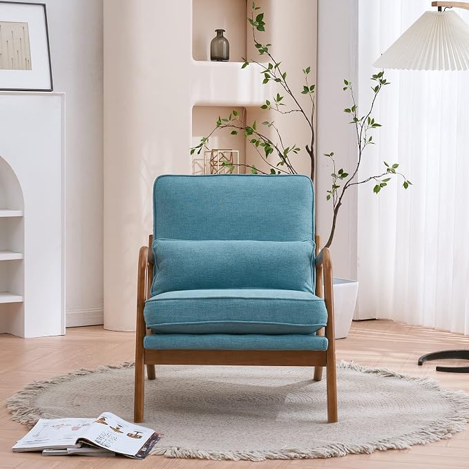 VINGLI Linen Teal Comfy Accent Chair, Mid Century Modern Lounge Armchair - Image 4