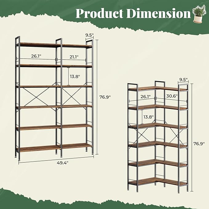 Huuger 6 Tier Bookshelf, L Shaped Corner Bookshelf - Image 3