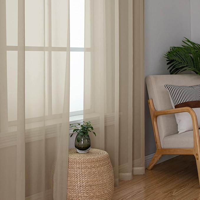Simplebrand Taupe Sheer Curtains 84 Inches Long 2 Panels, Light Filtering Rod - Image 5