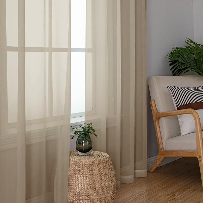 Simplebrand Taupe Sheer Curtains 63 Inch Length 2 Panels, Rod Pocket Solid - Image 5