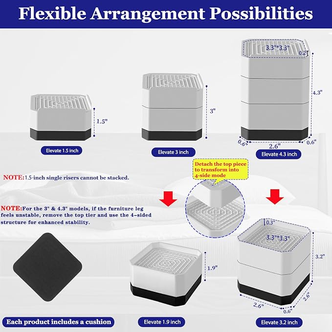 Bed Risers Heavy Duty, Adjustable Furniture Riser Blocks Lift 1.5, 4.3 inches - Image 2