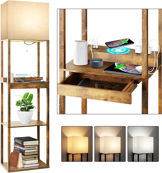 RUNTOP Floor Lamp with Shelves, Plus Shelf Lamp with Wireless Charger, 2 USB by RUNTOP